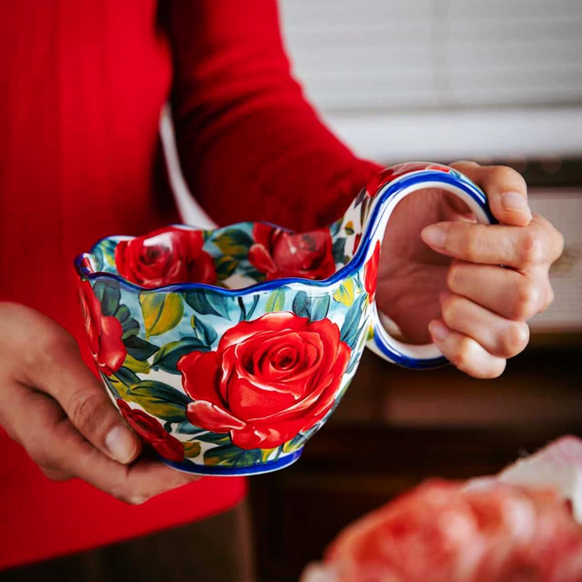 Ceramic Soup Bowl / Rose Flowers - Hand Painted Loop Handle Soup Bowl with Spoon
