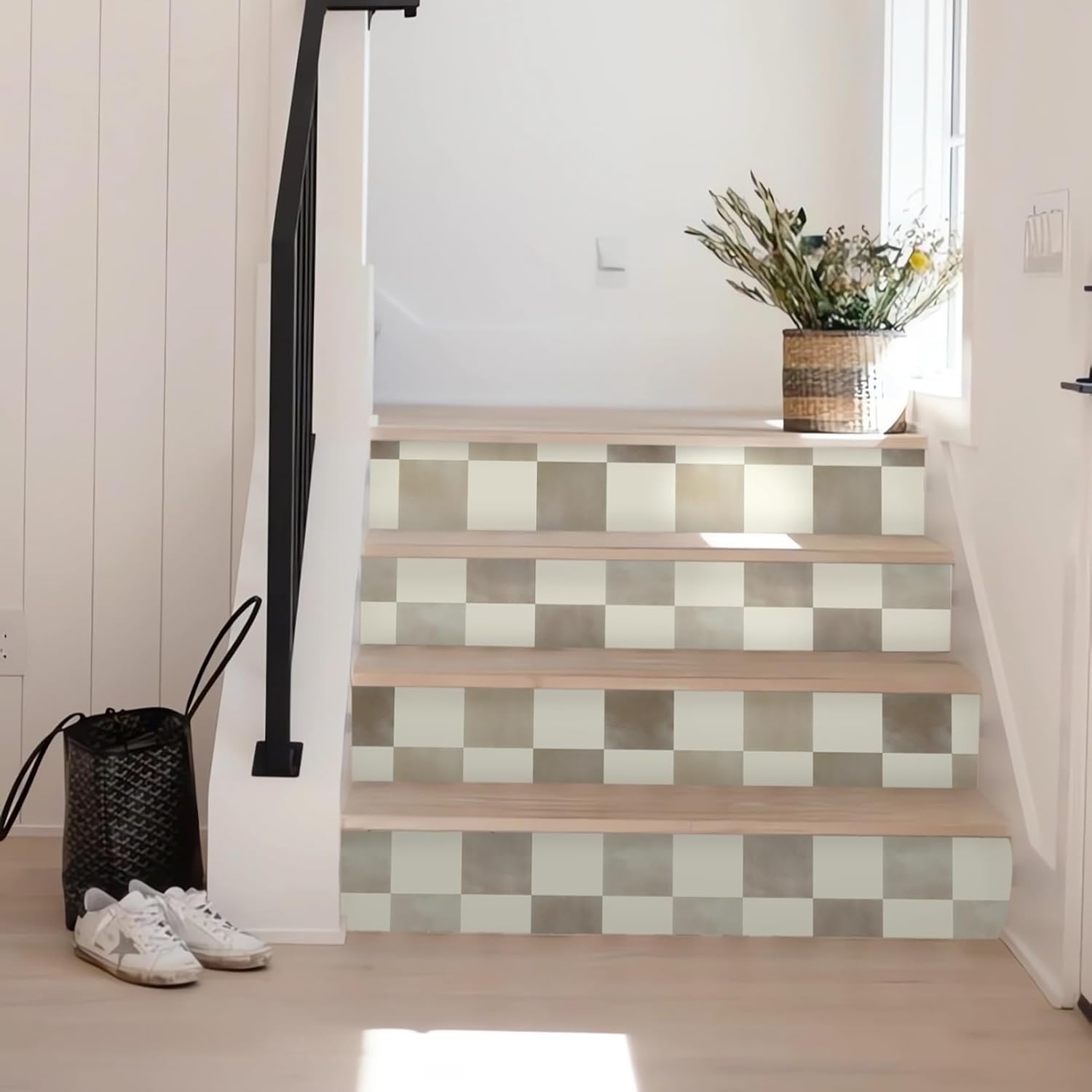 Checkered Wallpaper Peel and Stick Neutral Mosaic Checkered Contact / 17.3 x 236 / Brown and Beige