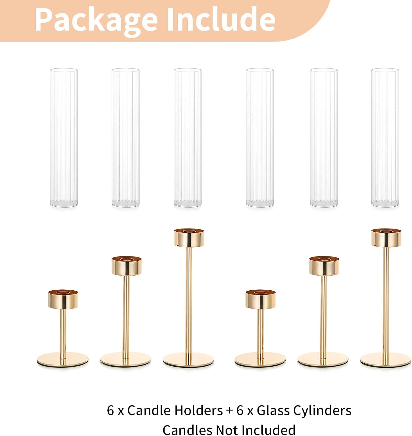 NUPTIO Hurricane Candle Holder for Centerpiece: Set of 6 Tall Candle Stick Holder with Ribbed Glass Cover - Bulk Fluted