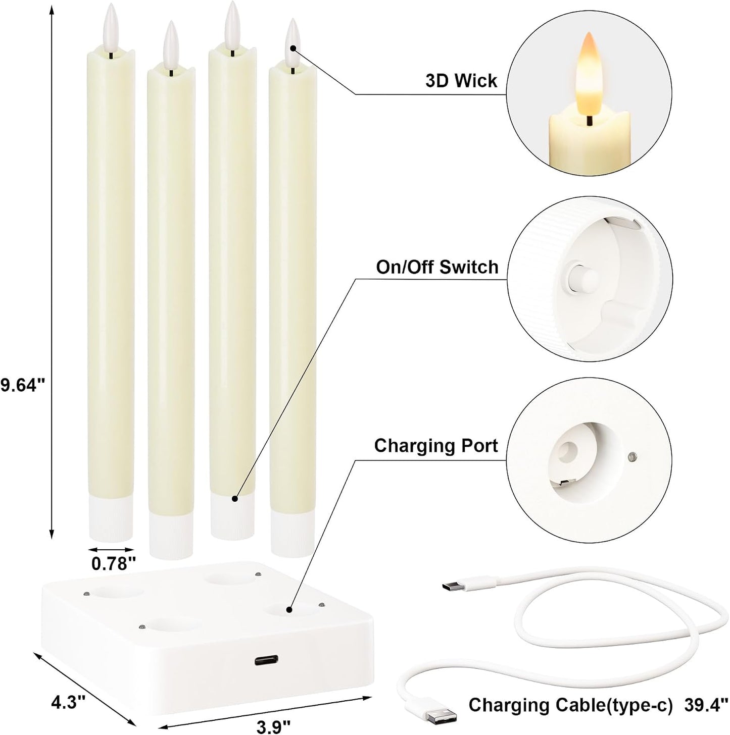 Flameless Taper Candles with Remote, Rechargeable LED Candles | Real Wax Battery Operated Candlesticks, with Charging