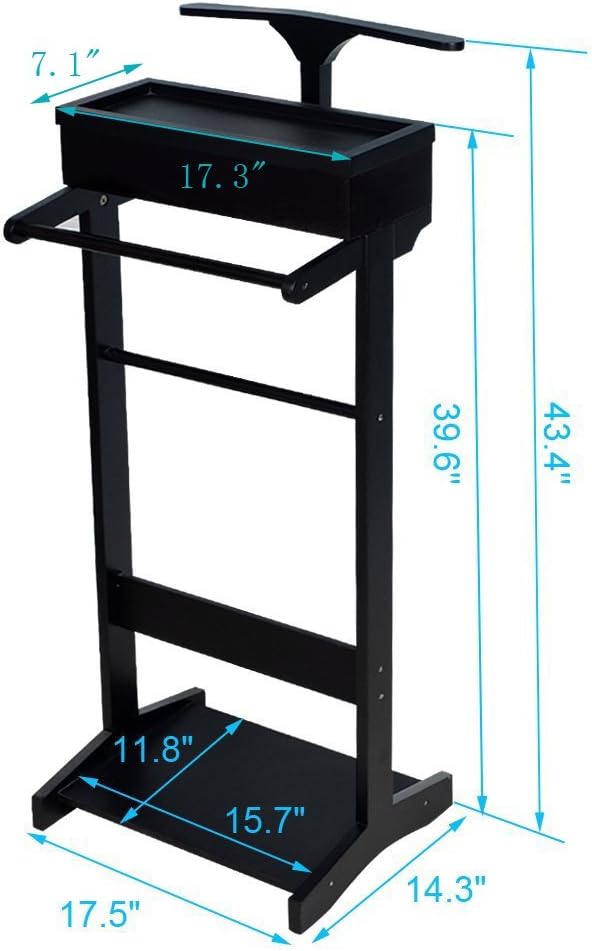 GLSCASA Black Wooden Valet Stand With Small Storage Compartments for Men
