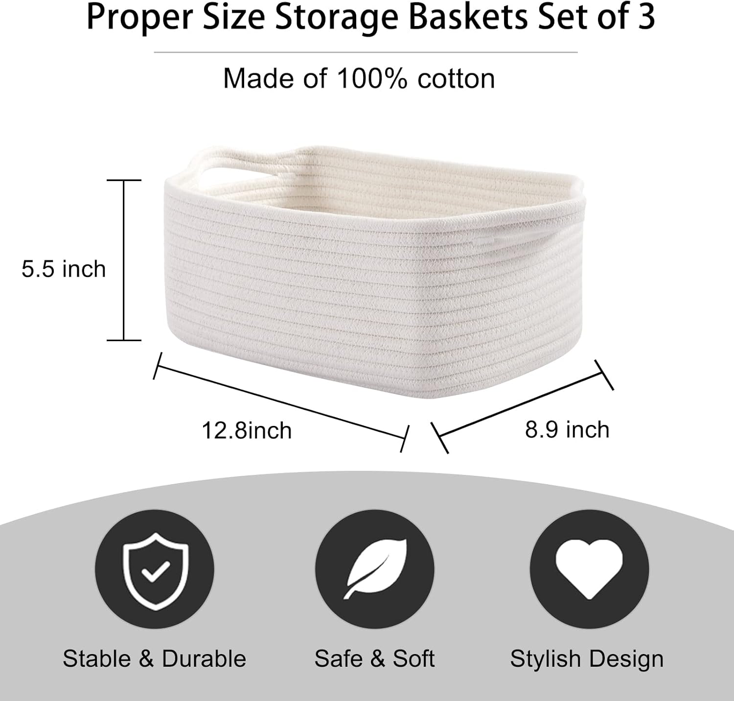 Cotton Rope Storage Baskets / Pure and White / Set of 3