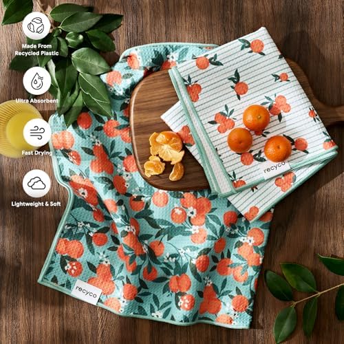 RECYCO Waffle Kitchen Towel Set of 2 - Quick Dry Microfiber Sustainable Dish Towels - Ultra Absorbent Reusable Cleaning Tea Towels - Lightweight Hand Towels,16”x 28”, Clementine Grove