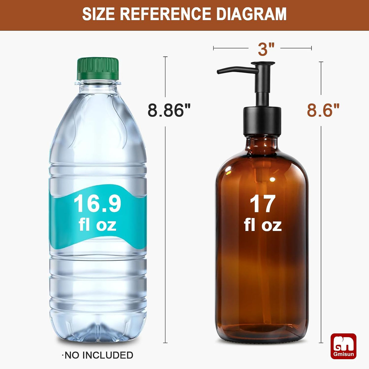GMISUN Amber Glass Soap Dispenser, 2 Pack Bathroom Hand Soap Dispensers with Stainless Steel Pump, 17 Fl Oz Kitchen