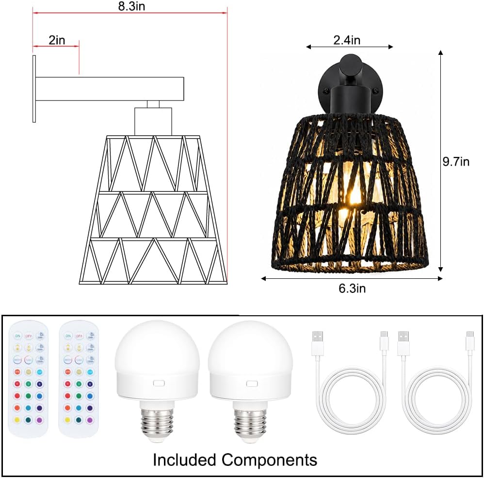 Black Battery Operated Wall Sconces Set of 2, Rattan Wall Sconces with Remote, RGB 15 Colors Dimmable Rechargeable Wall