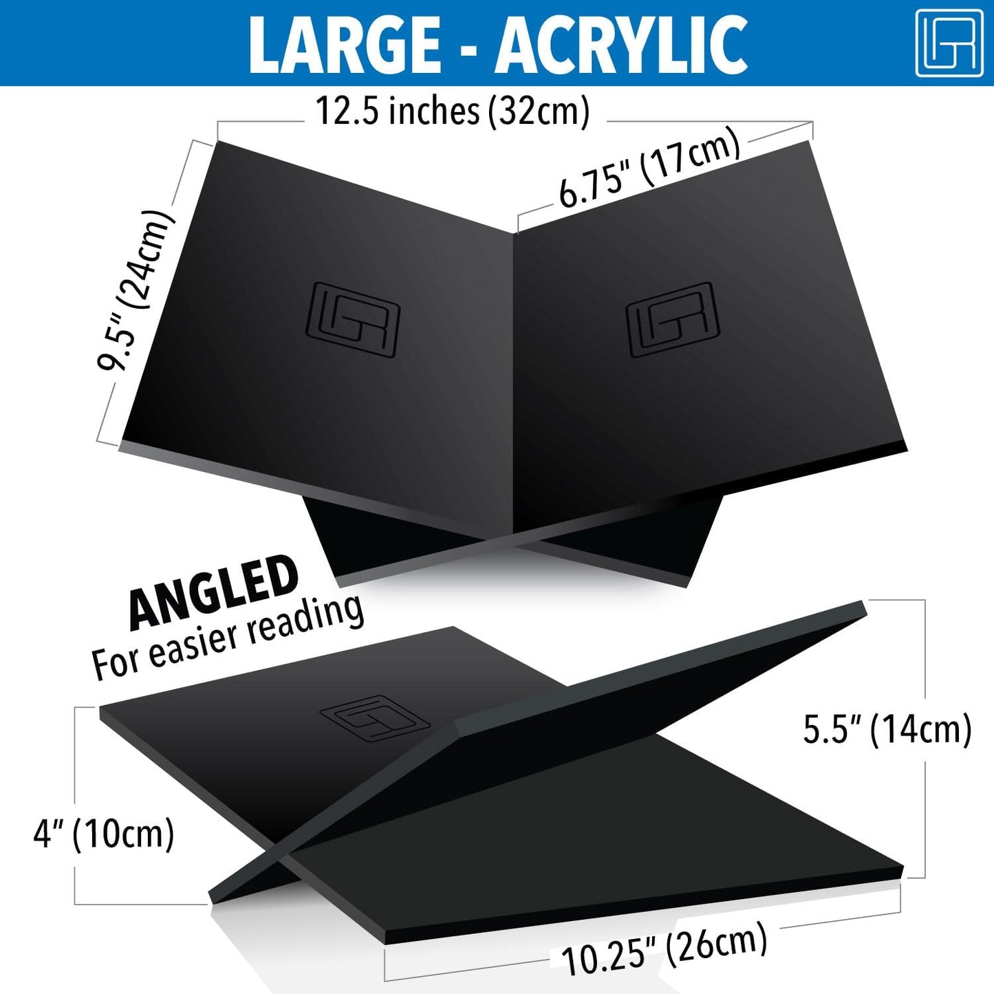 Large Black Acrylic Book Stand, 12.5" x 9.5" x 5.5”, Acrylic Book Holder, Open Bookstand for Display and Reading
