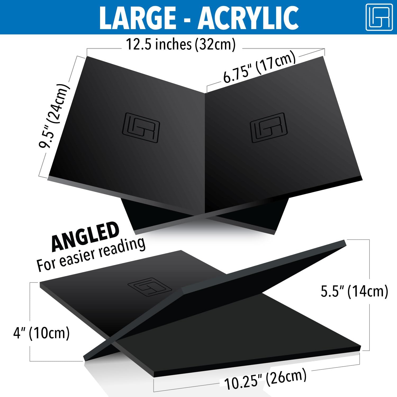 Large Black Acrylic Book Stand, 12.5" x 9.5" x 5.5”, Acrylic Book Holder, Open Bookstand for Display and Reading