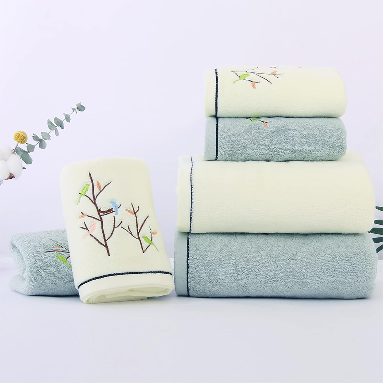 Bath Towel Embroidered Bird Tree Pattern 100% Cotton Soft Absorbent Decorative Towels for Bathroom 27.6 x 55 Inch