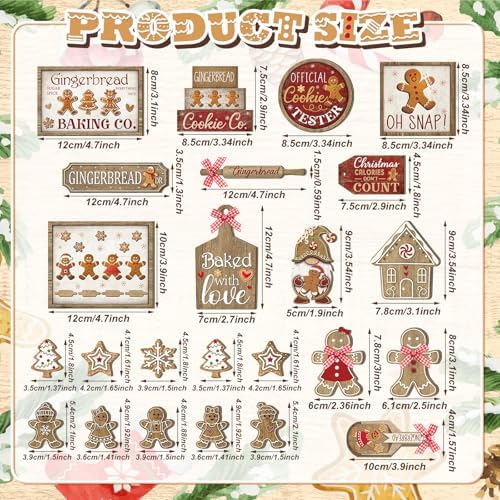 Shellwei 24 Pcs Christmas Tiered Tray Decor Set Wood Rustic Gingerbread Christmas Decoration Winter Farmhouse Decor Xmas Trees Gnome Elk Snowflake Signs for Table Shelf Home Centerpiece (Cute)