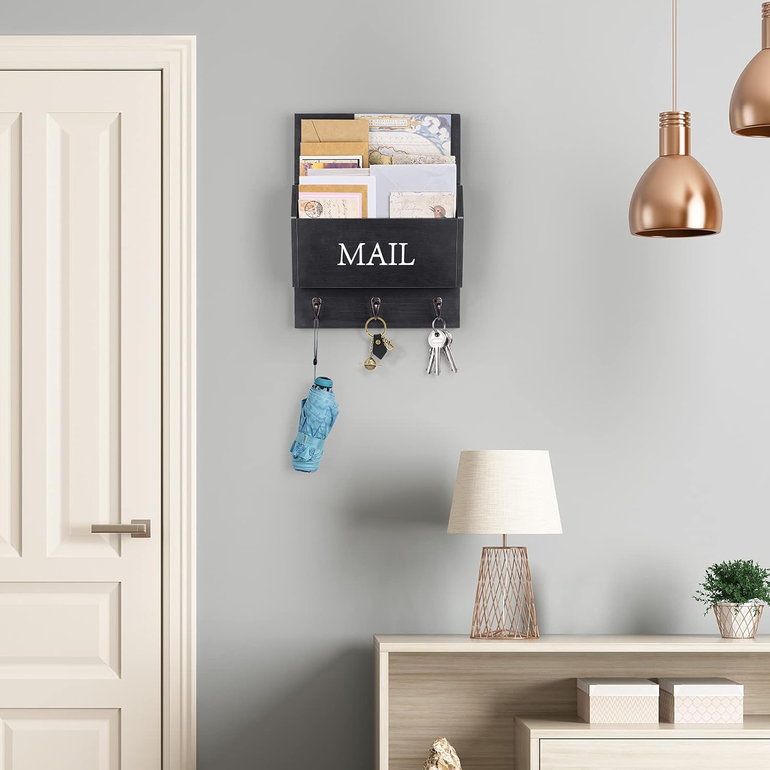 Decorative Wooden Key and Mail Holder / Black / Wall Mount
