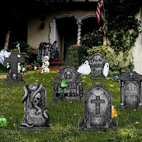 Halloween Decorations Outdoor Graveyard Tombstones: 6ct Large Tombstone Halloween Decor Yard Signs with Stakes, 16" Realistic Scary Skeleton RIP Cemetery Gravestones for Yard Lawn Outside Home Party