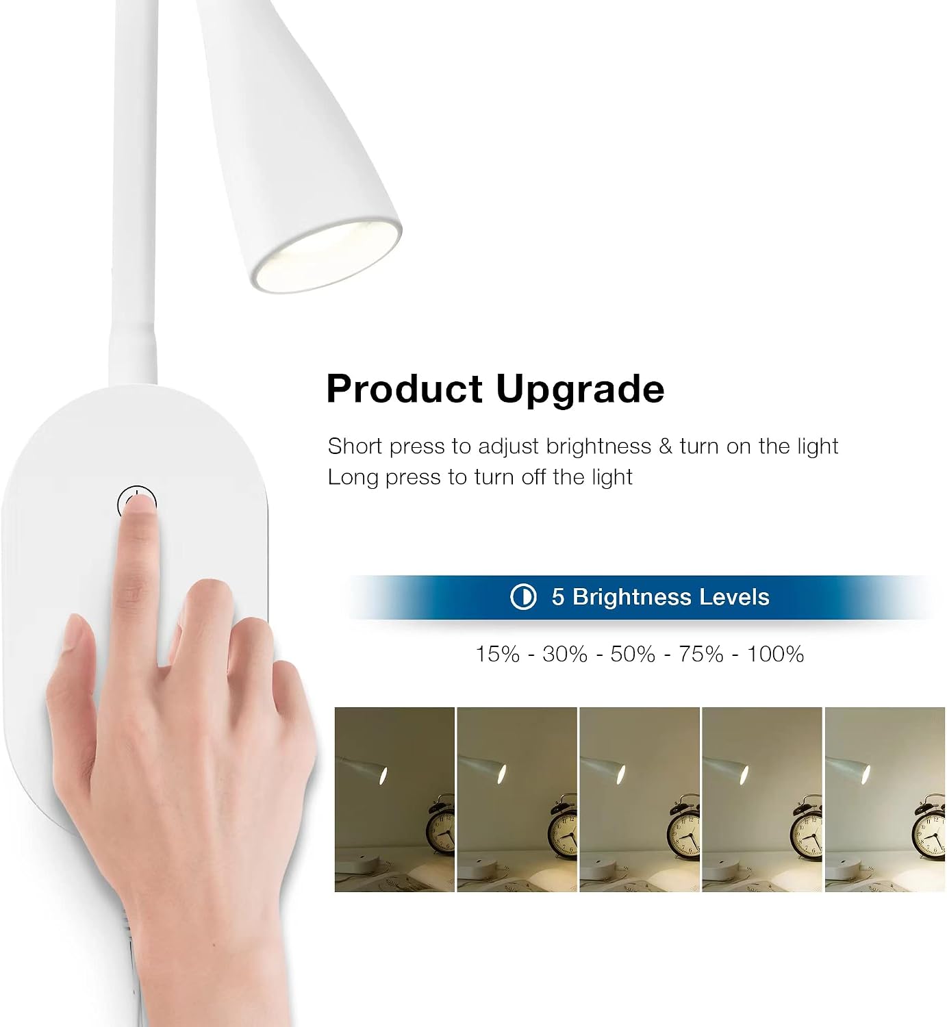 Wall Reading Light for Books in Bed, USB Output Headboard Wall Lamp,5 Dimmable Touch Control Reading Lamp,LED Warm