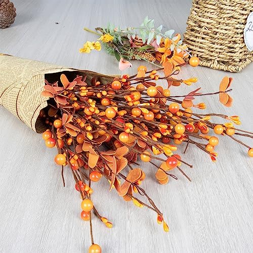 LLZLL 6PCS Fall Stems,17in/43cm Tall Artificial Fall Berry Picks Autumn Berry Spray for Flower Arrangement and Fall Decor (Red Orange Berries and Leaves)