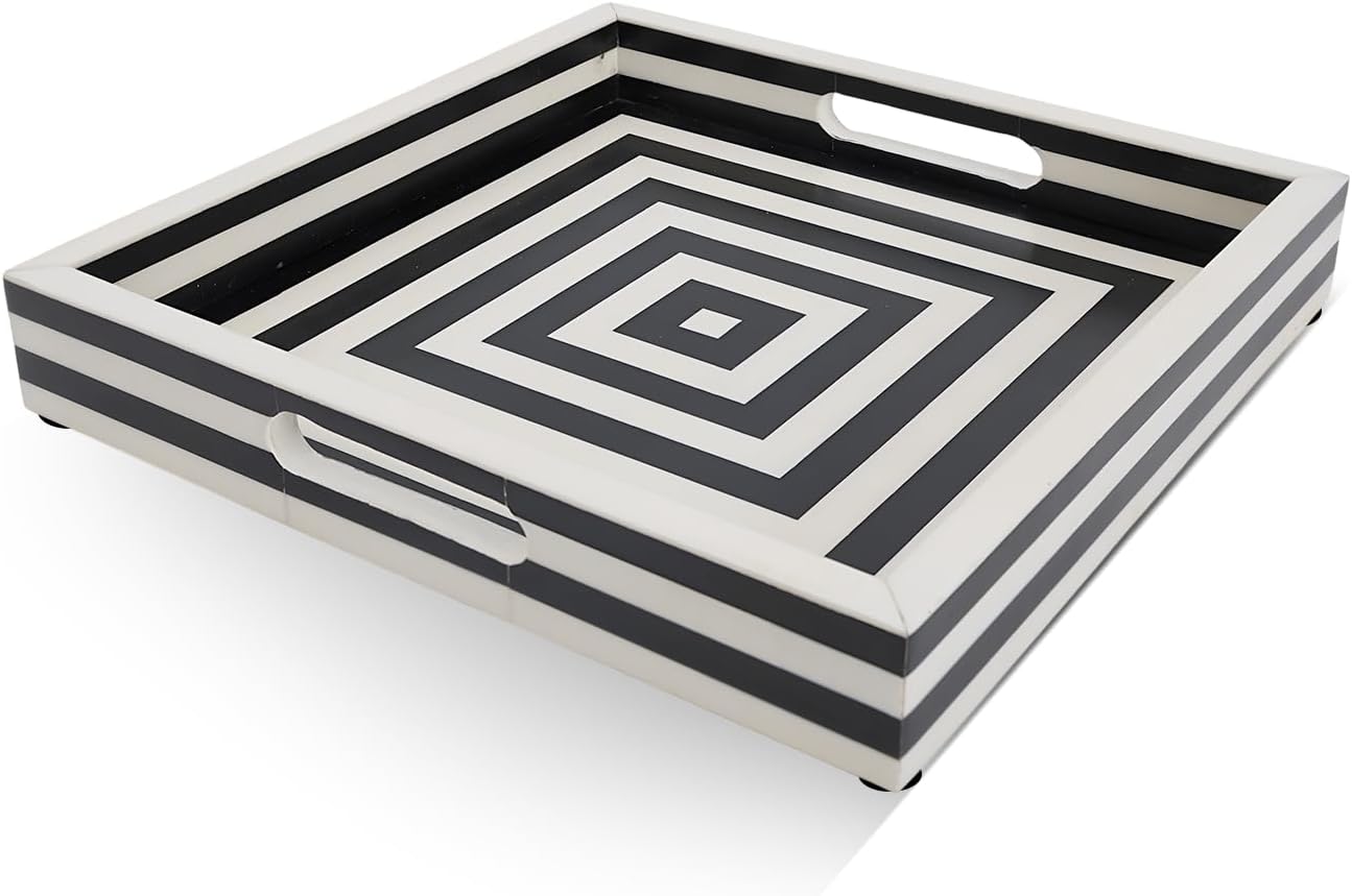 Decorative Tray / Black and White Resin Inlay Concentric / 12 x 12 x 1.7 / Black & White