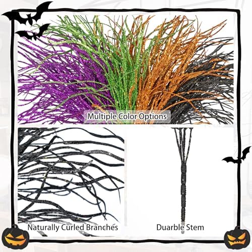 5 Pcs Halloween Picks and Sprays Black Artificial Curly Willow Branches 27.4Inch Floral Twig Stems Sticks Vase Fillers Black Halloween Ornament for Centerpieces Party Holiday Christmas Decorations