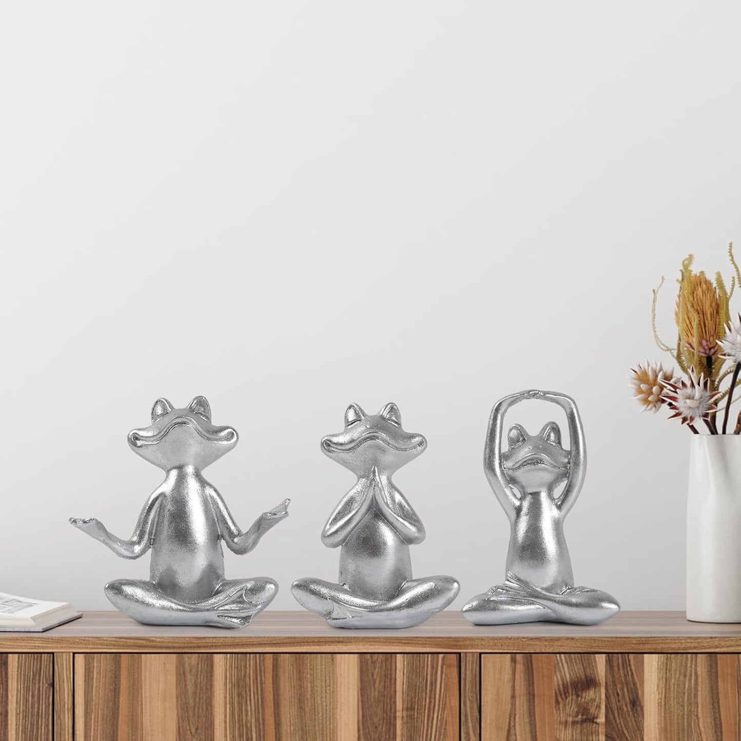 Silver Frog Figurines Yoga Decor -Frog Yoga Statues for Modern Living / Silver Frog-3 / Set of 3