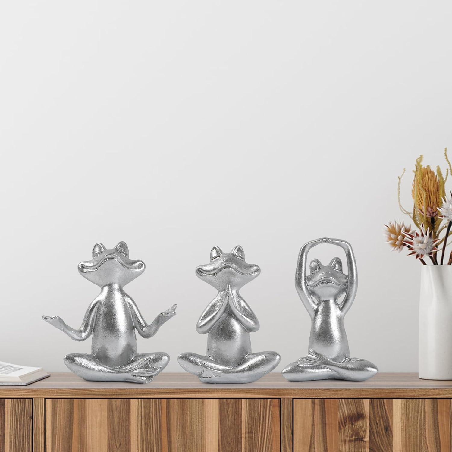 Silver Frog Figurines Yoga Decor -Frog Yoga Statues for Modern Living / Silver Frog-3 / Set of 3