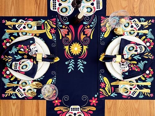 YiHomer Day of The Dead Halloween Tabletop - Dia De Los Muertos Floral Skeleton Mask, Cinco De Mayo Mexican Fiesta Party Home Kitchen Dining Room Decor, Sugar Skull, Napkin Set, 20 x 20