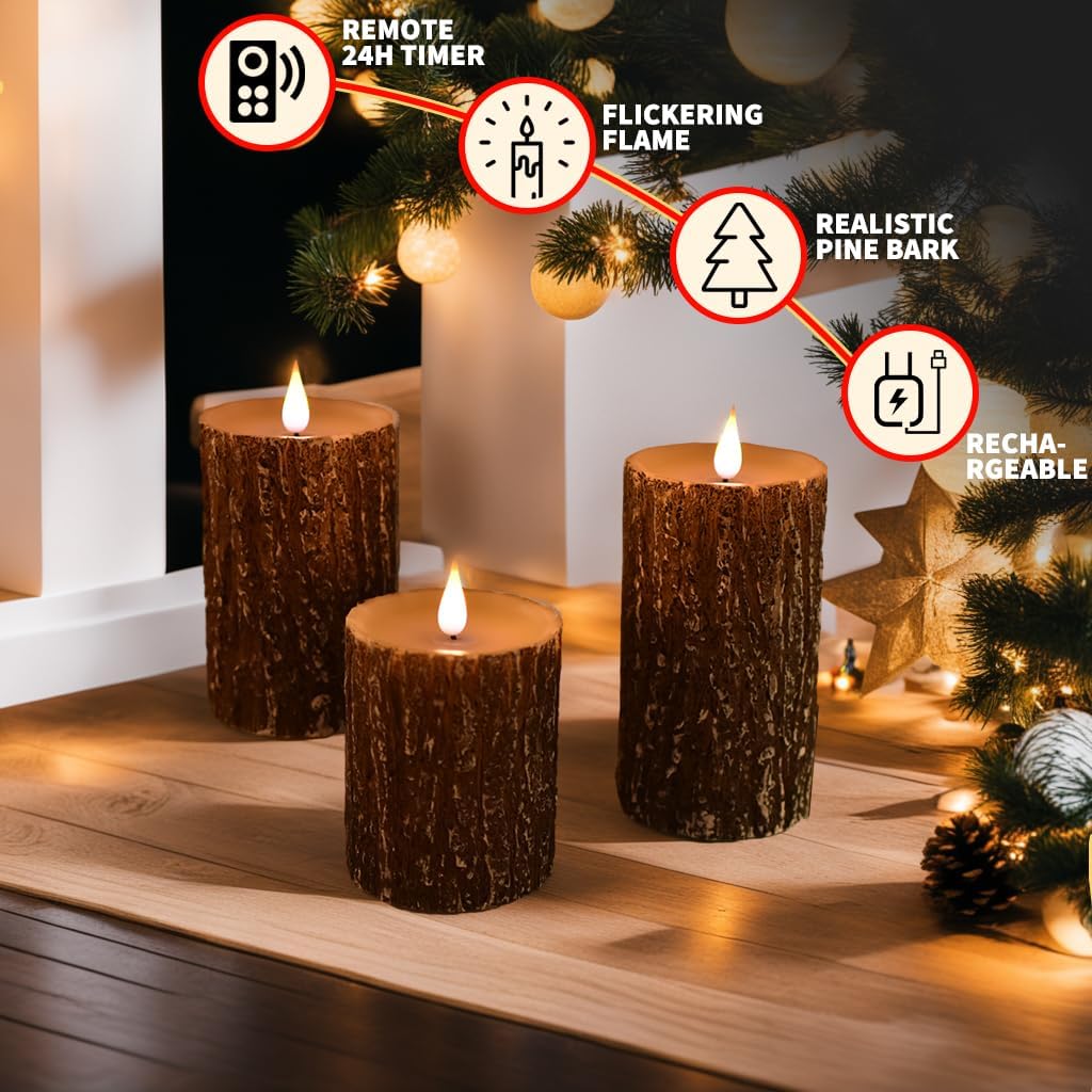 NICEME Rechargeable LED Pine Bark Flameless Candles with Timer Remote USB Cable, Brown Real Wax USB Candles Flickering
