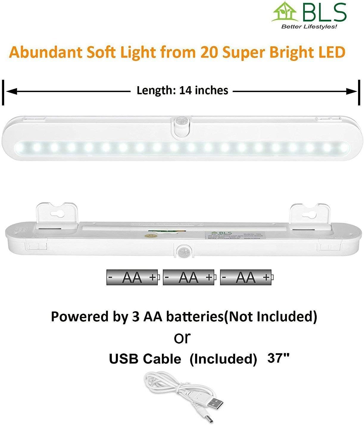 BLS T01L LED Closet Light Super Bright 20 LED Under Cabinet Lighting Battery Powered/DC Input Wireless Motion Sensing