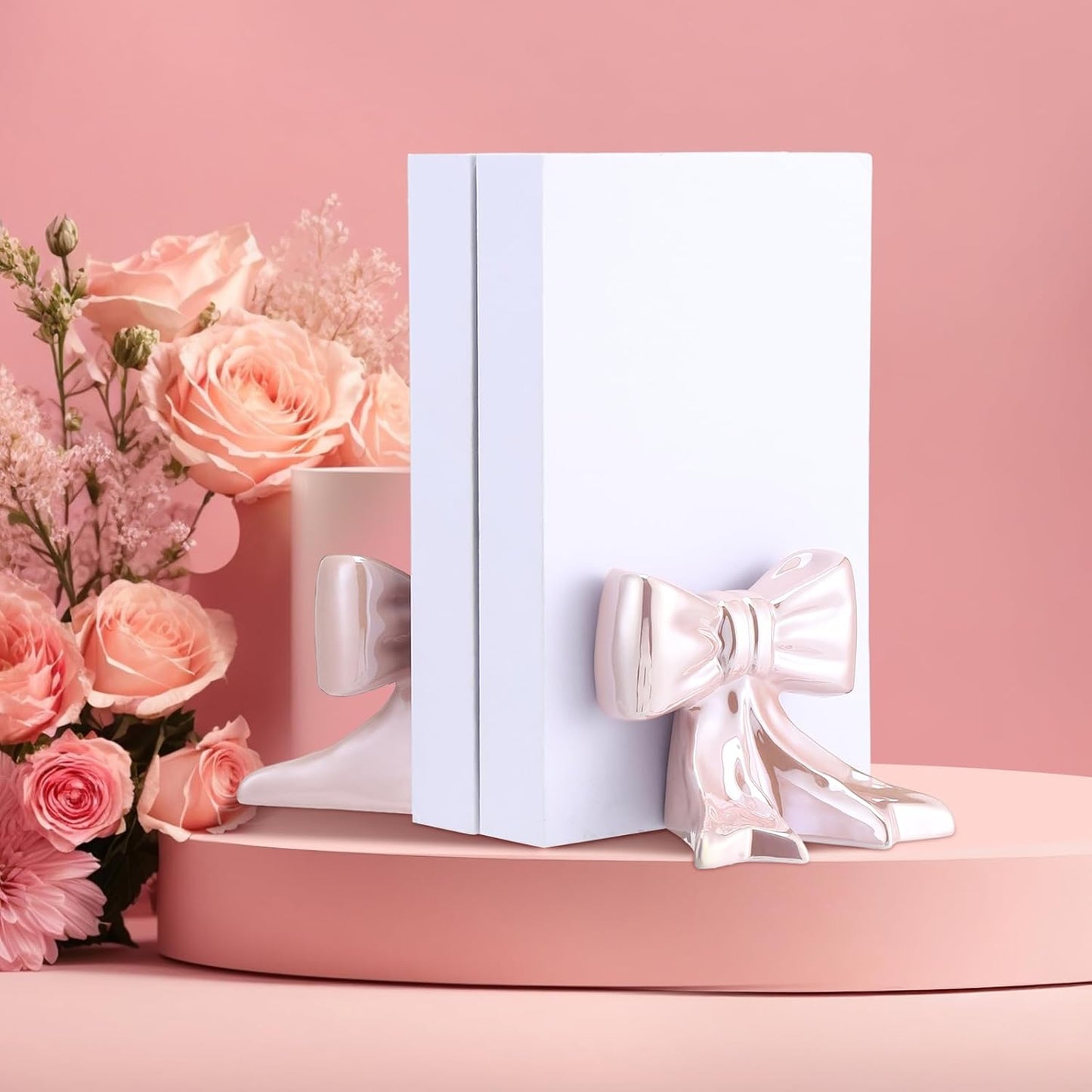 Bow Bookends Ceramic Book Ends Decorative Book Stand Bow Sculpture Statues / Pink / Set of 2