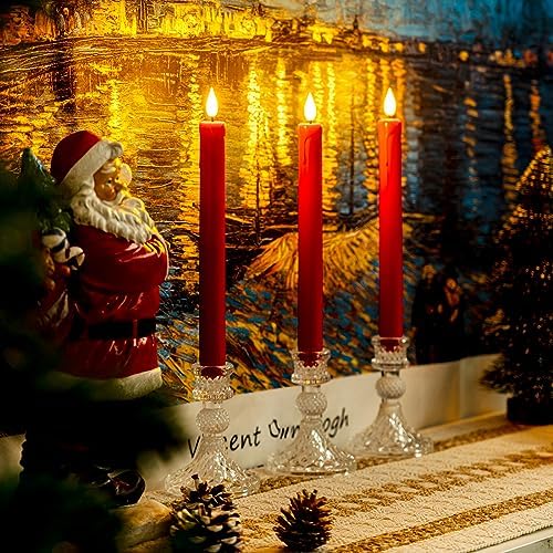 Homemory 6 Pcs Flameless Taper Candles with Remote Timer Dimmer, Red Battery Operated Candlesticks Flickering, Plastic Led Taper Candles Realistic, 9.6 Inches for Party Holiday Celebrations Christmas