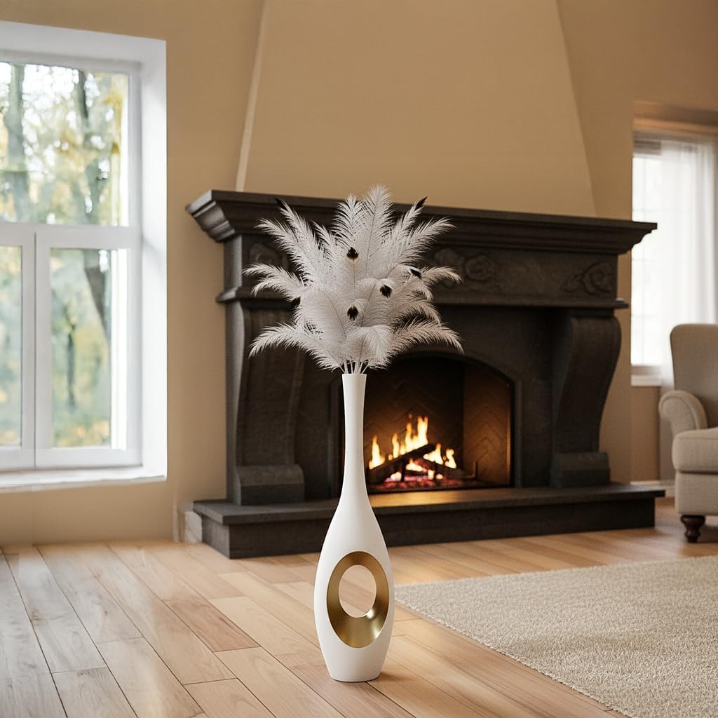 Modern Oval Floor Vase / White & Gold / 23.6in