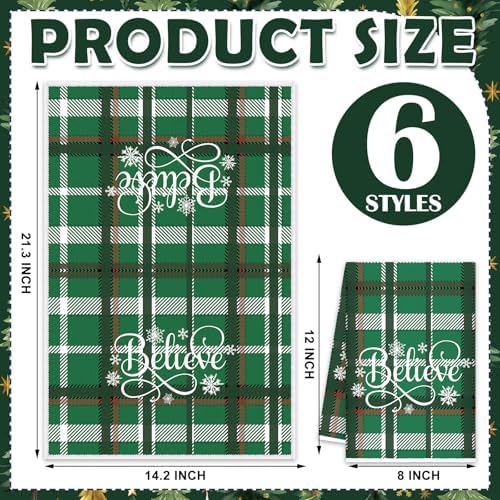 Oudain 6 Pcs Christmas Kitchen Towels Green Plaid Xmas Tree Tea Dishtowels Decorative Winter Bathroom Hand Towels Farmhouse Green Christmas Decorations for Kitchen Bath Home Housewarming Gifts