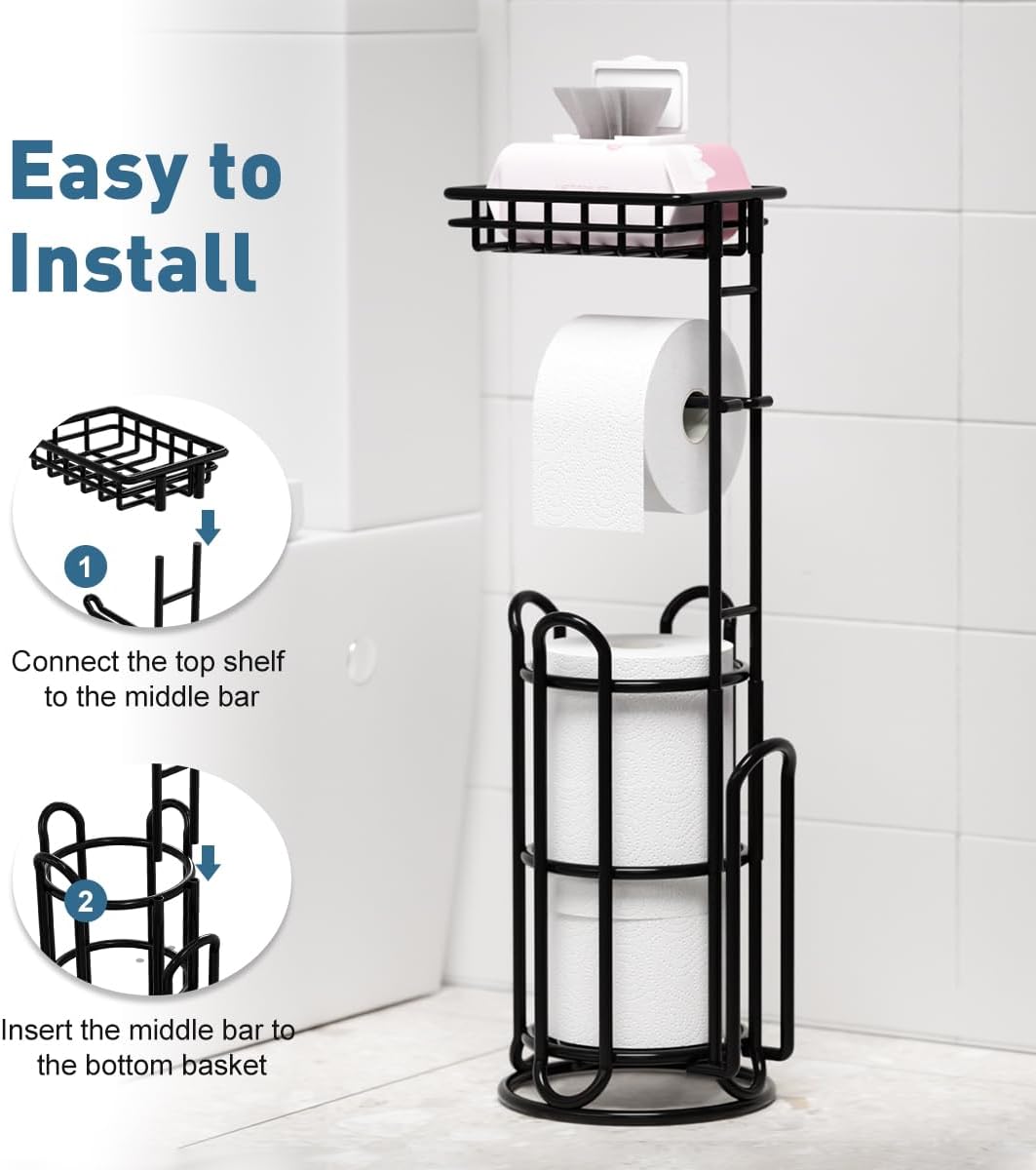 [Upgrade] Toilet Paper Holder Stand with Shelf Tissue Holders for Bathroom Free Standing Bath Tissue Roll Holder