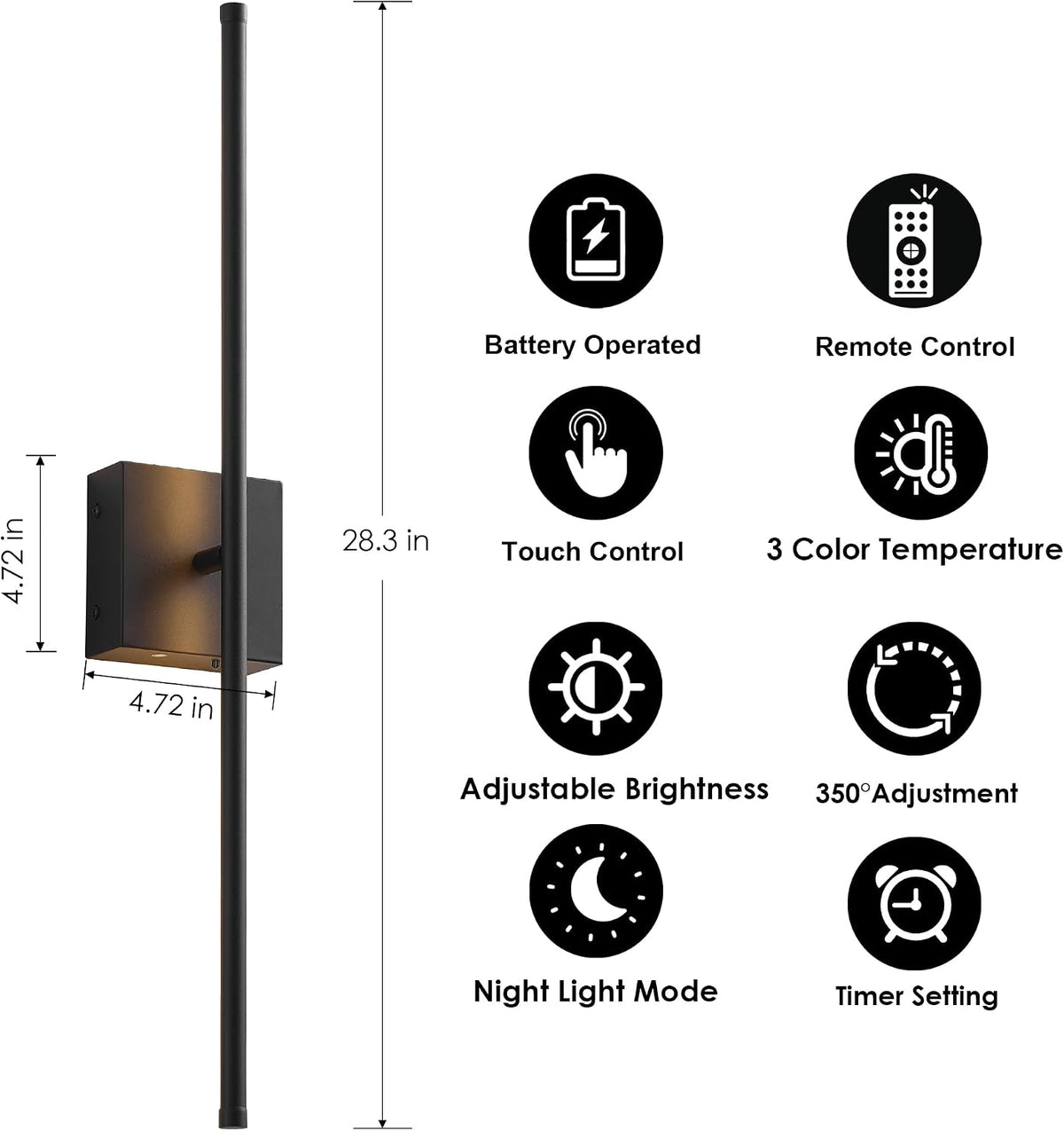 KARTOOSH Battery Operated Wall Sconces Set of 2 Wireless,28.3 Inch Black | Battery Removable, 3000-6000K, Stepless