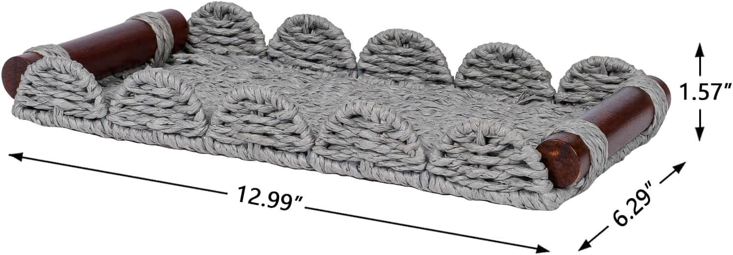 Scalloped Decorative Tray w/Wood Handle for Counter / Gray / 13 x 6.3 x 1.6