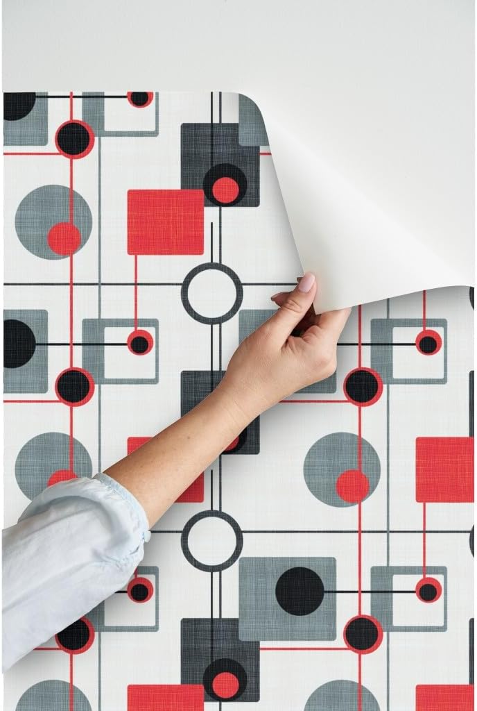 Orbs Squares Black White Vintage Retro Grey Modern Custom Removable Wallpaper / 24 x 72 / Roll / Red
