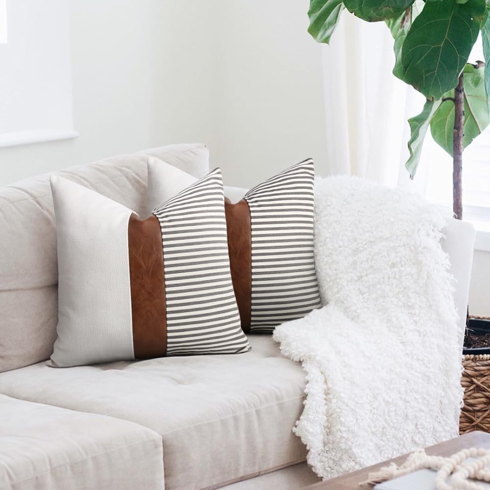 Modern Tan Faux Leather Accent Pillow Covers / Gray / 18 x 18 / Set of 2