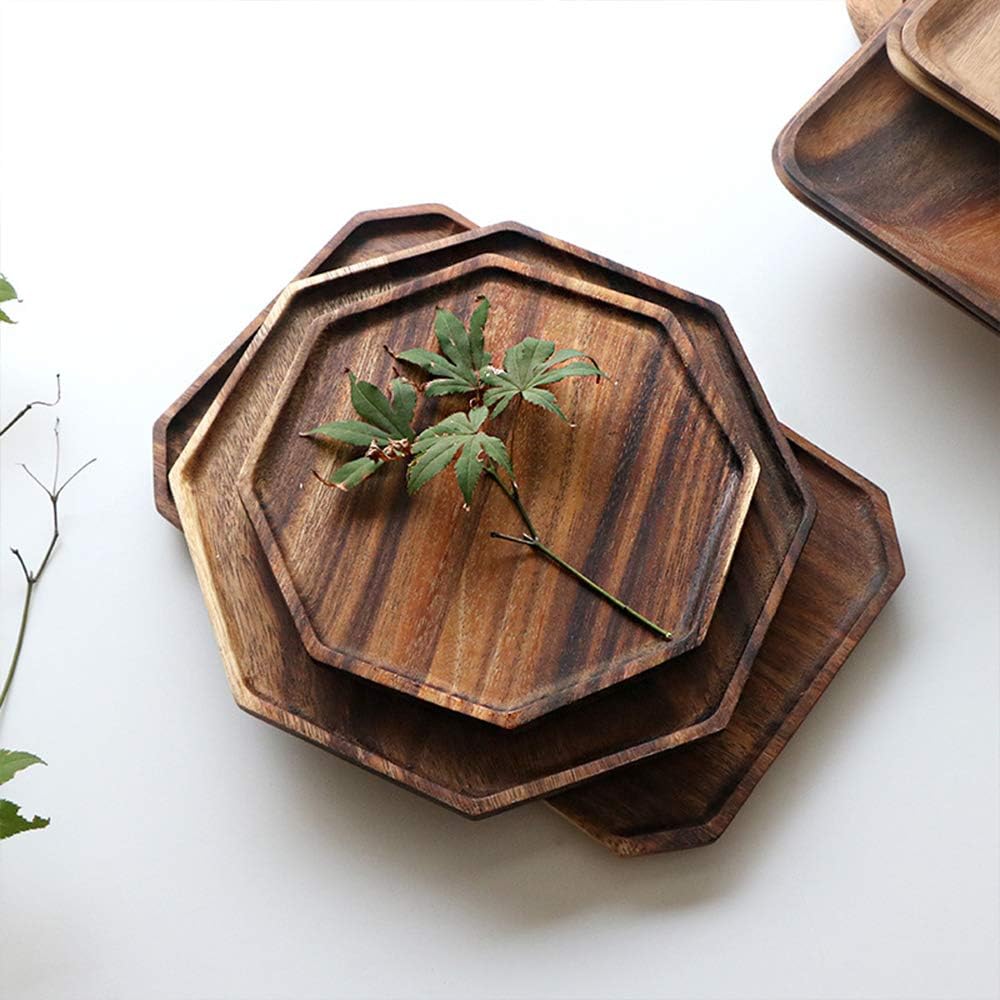 Acacia Wooden Trays Serving Platters Round Square Veggie Serving Tray Decor / 8-10 Inch / Set of 2