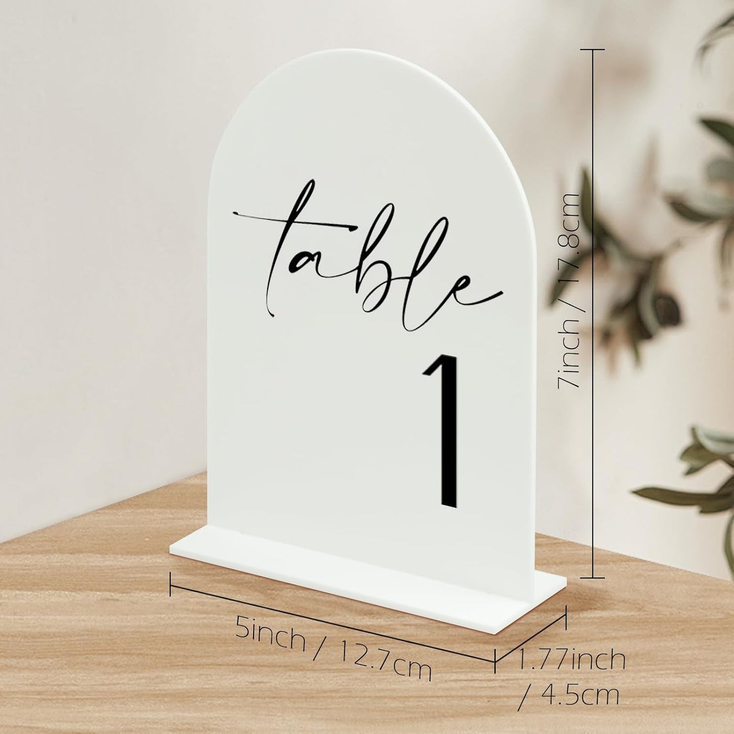 White Arch Acrylic Table Numbers with Stands 1-25, 5x7" White Arched Acrylic Sign and Base, Arch Table Numbers for