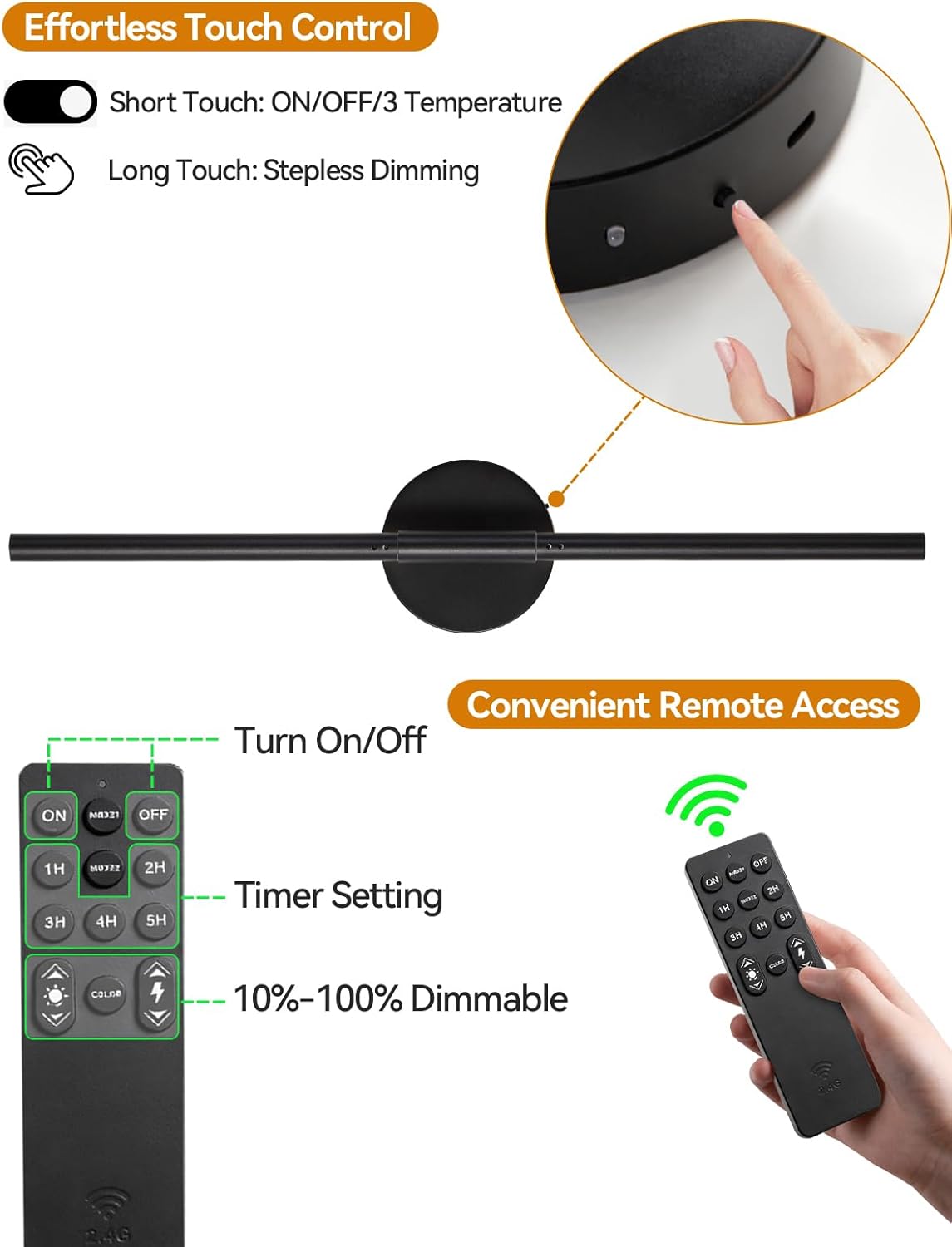 Battery Operated Wall Sconce, 30 Inch, Black, Rechargeable | Wireless Wall Light with Remote & Touch Control