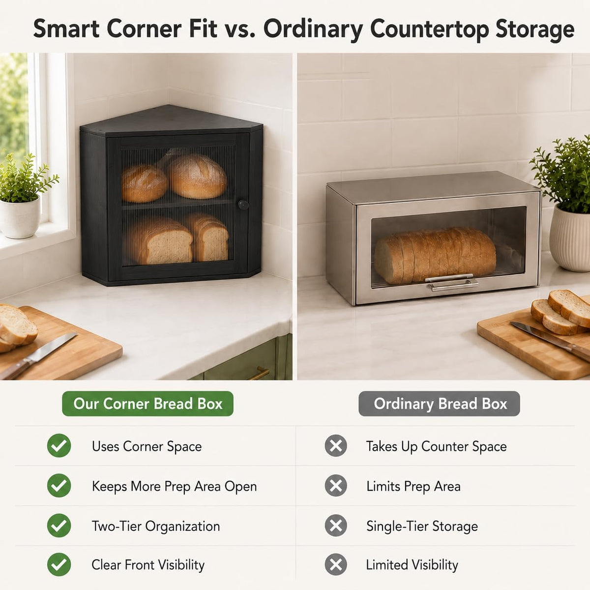 BAMBANG Corner Bread Box for Kitchen Countertop, Large Capacity Bamboo Wood Bread Storage Container, 2 Tier Farmhouse