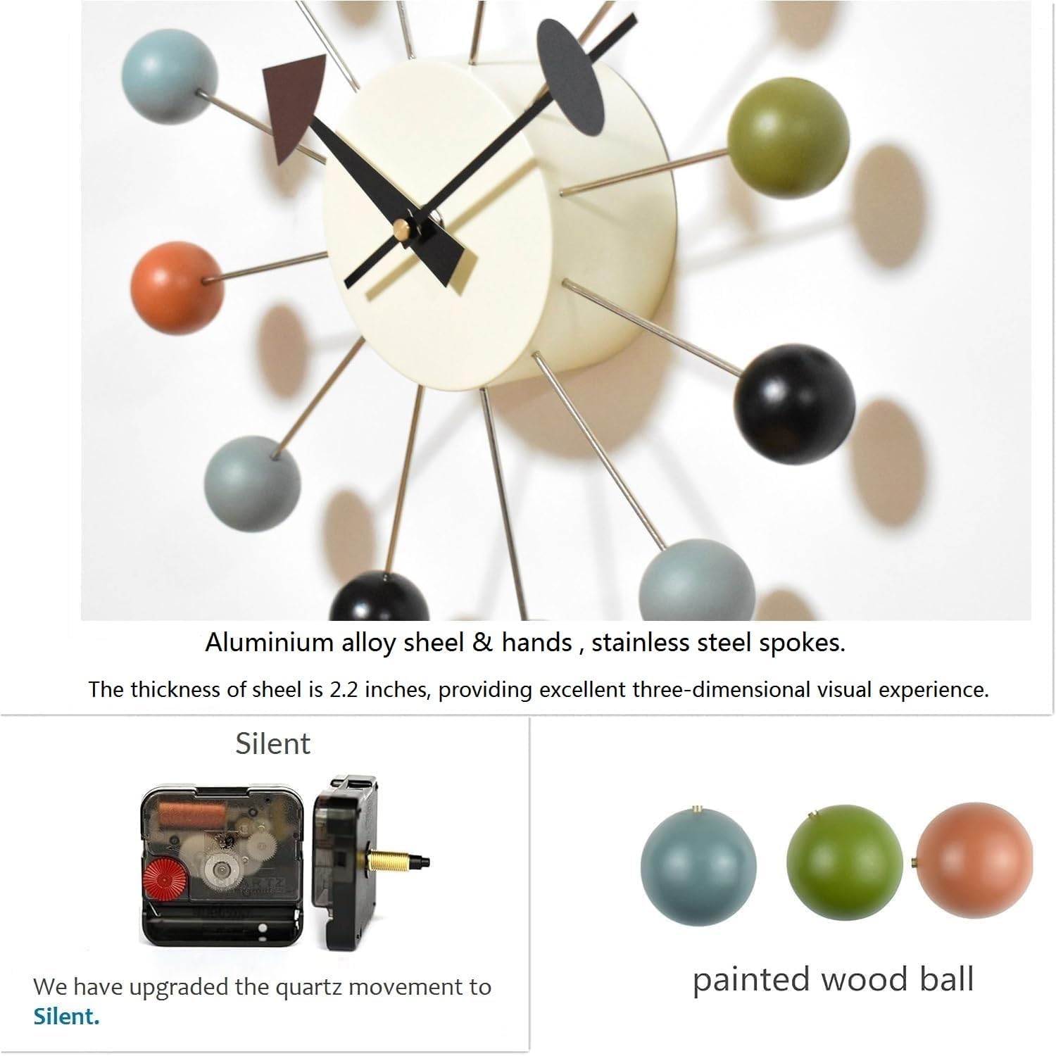 Wood Ball Wall Clock 13 Inch, Mid Century Modern | Battery Operated, Silent Non-Ticking, POP Color, Metal Frame, Decor
