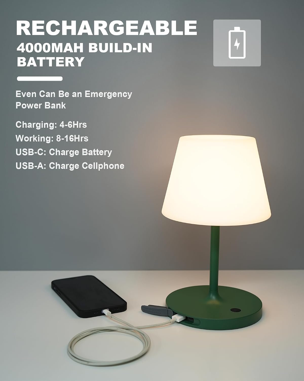 WEILAILUX Outdoor Battery Operated Table Lamp Waterproof, 4000mAh Cordless Table Lamp Rechargeable, Touch Dimmable Desk