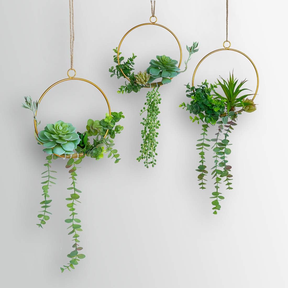 Artificial Succulents Wreath Hanging Geometric Garland Greenery Wall Decor / Gold / Set of 3