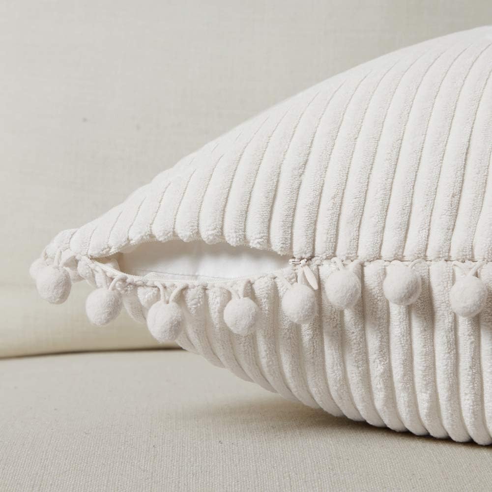 Cream Corduroy Pom Pom Throw Pillow Covers / 18 x 18 / Cream White / Set of 2