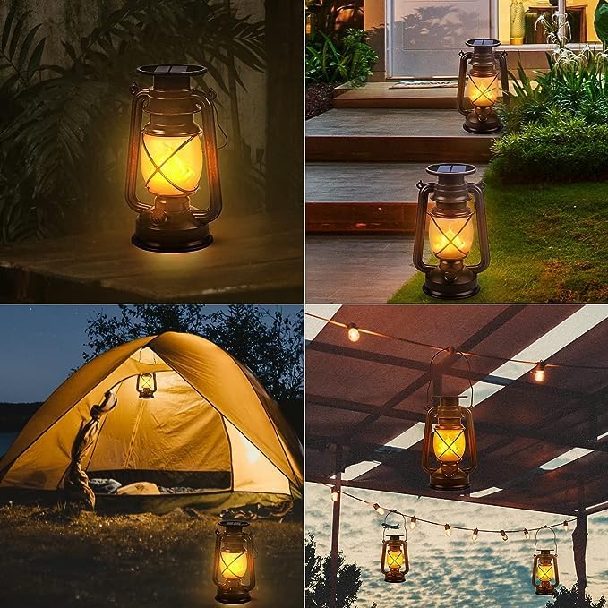 Outdoor Waterproof Solar Lanterns, 2 Pack Vintage Flickering Flame LED Hanging Lights with Auto On/Off, Rustic