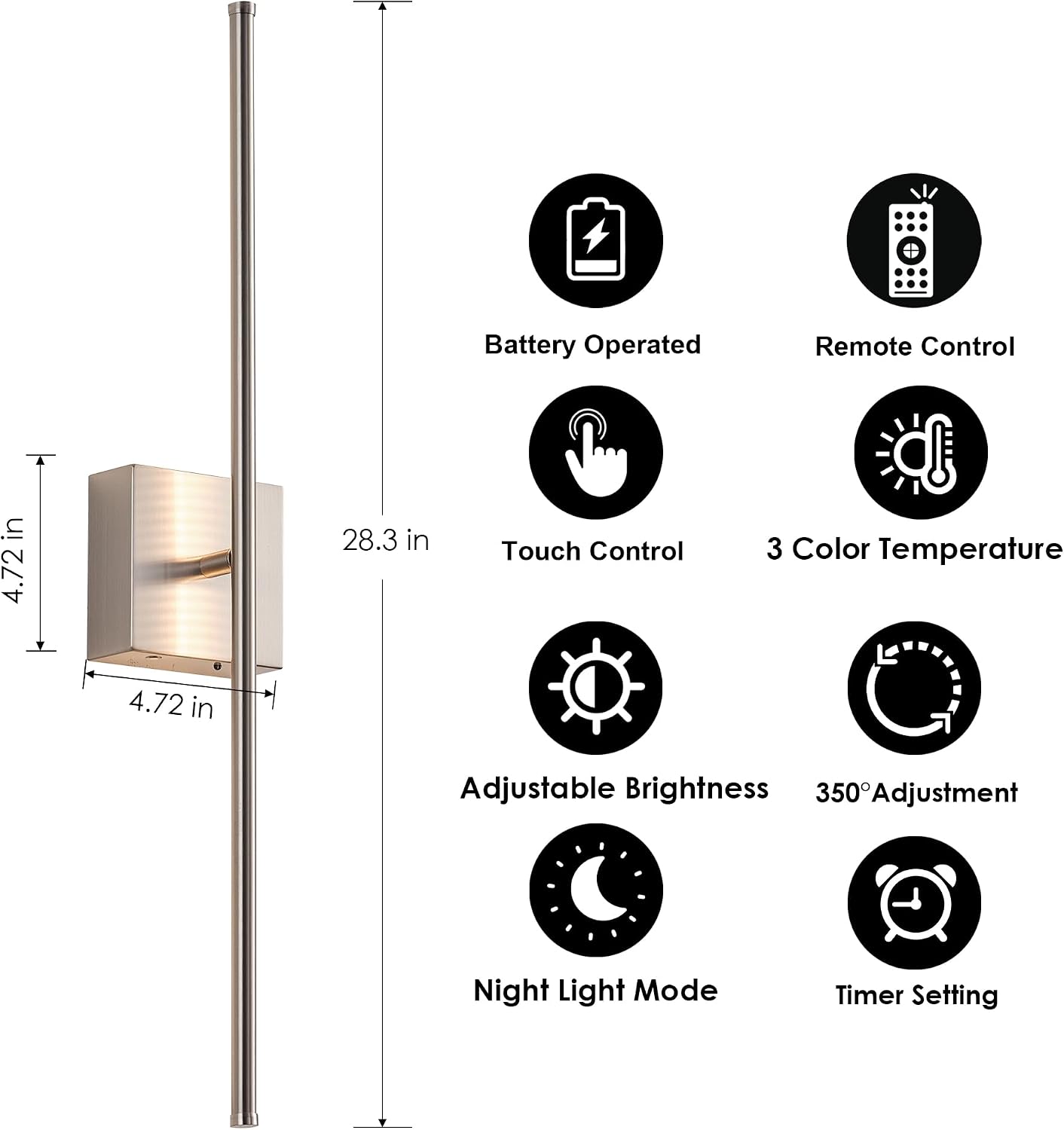 KARTOOSH Battery Operated Wall Sconces Set of 2 Wireless,28.3 Inch Nickel | Battery Removable, 3000-6000K, Stepless