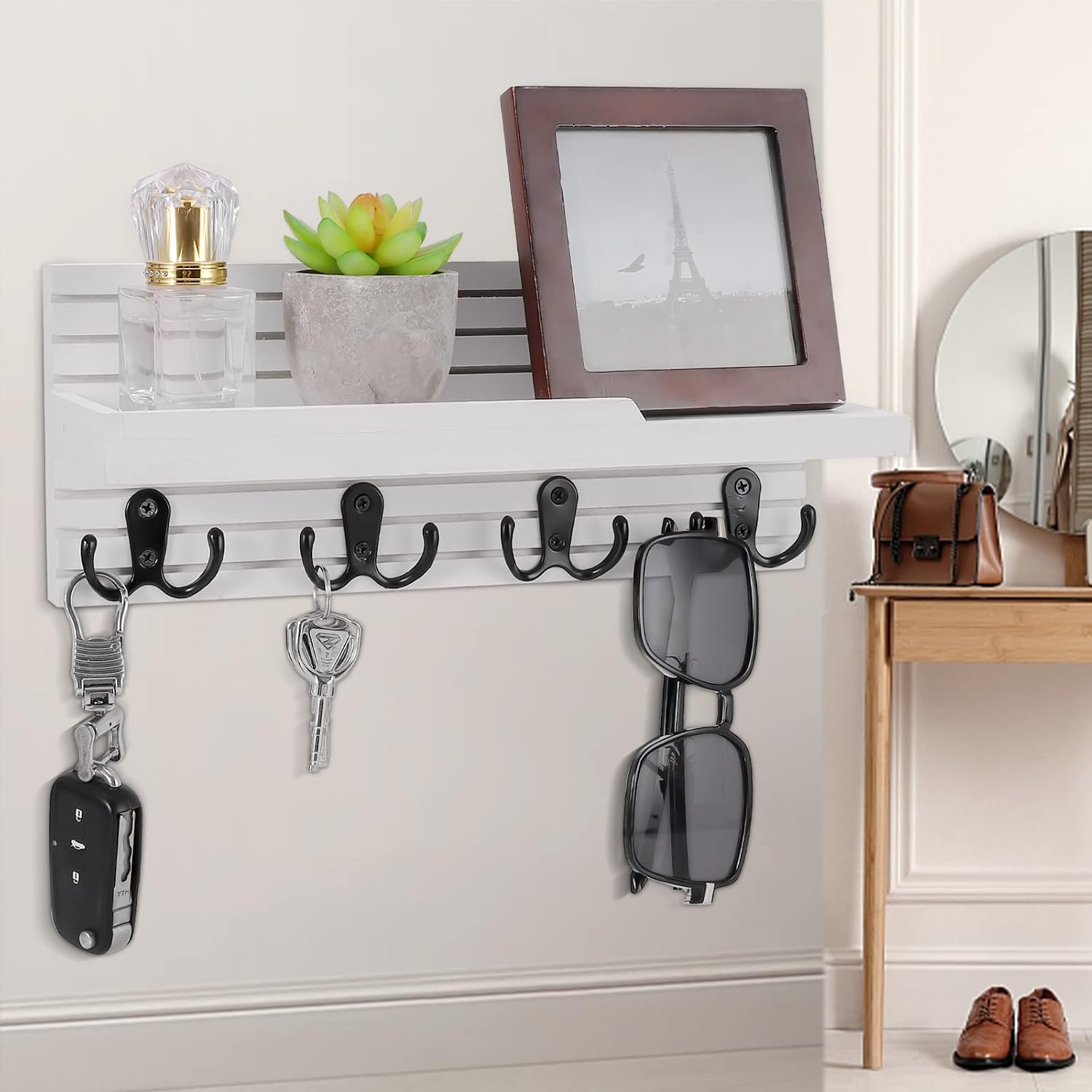 Easy Install Natural Wooden Key and Mail Holder / White
