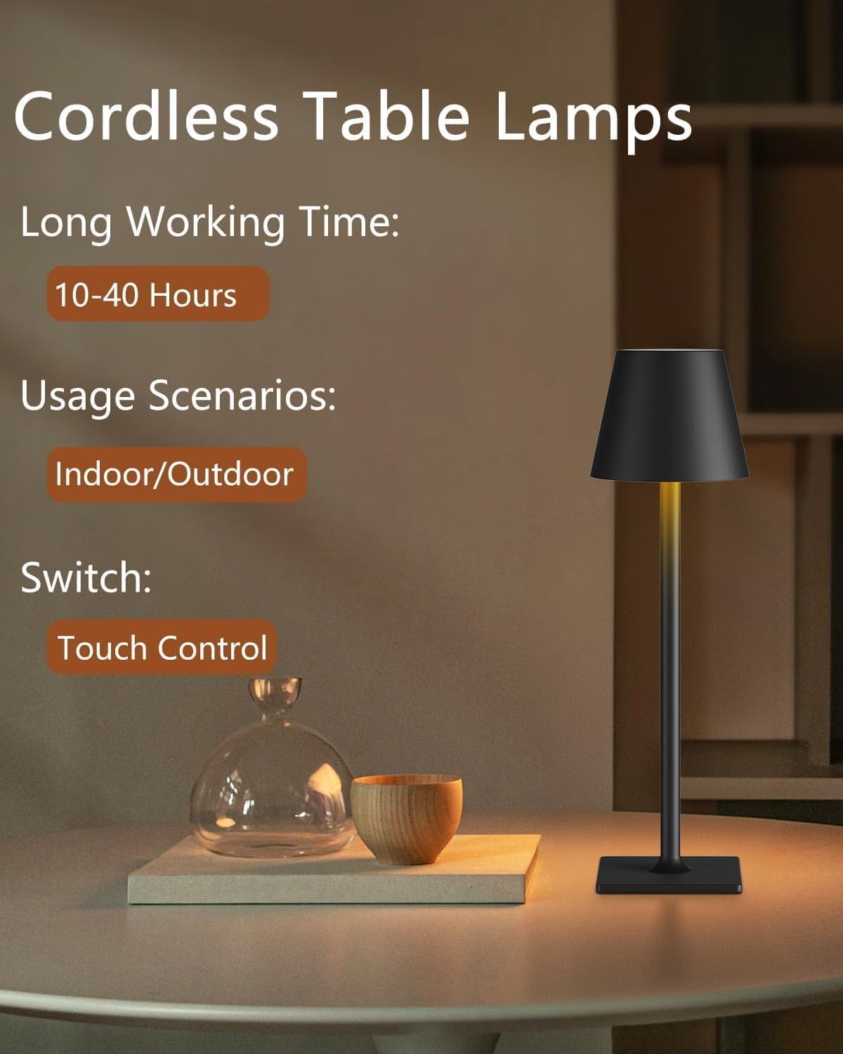 Fizrice Rechargeable Table Lamp 2 Pack Cordless Battery Operated, Black | IP65 waterproof wireless design with