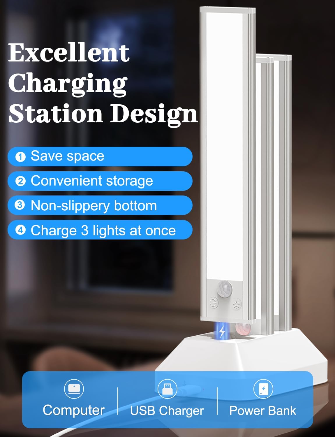 VerRon 3-Pack Under Cabinet Lighting with Charging Station, 14inch | 2000mAh Rechargeable, 3 Color Temps, Dimmable