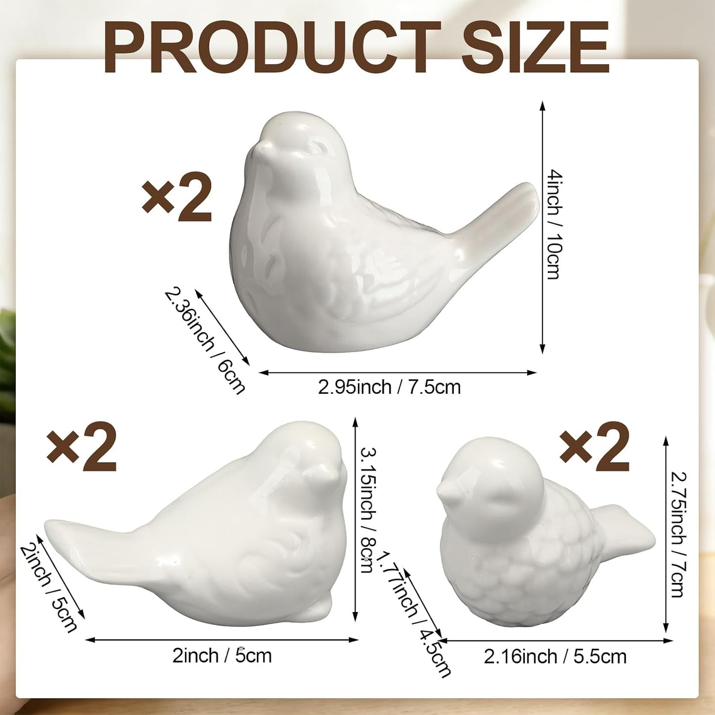Ceramic Birds Figurines 3 Sizes Home Decor Statue / White / Set of 6