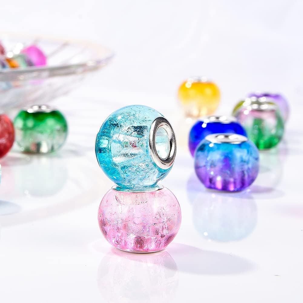 mm Murano Large Hole Glass Beads / Up and Down Bicolor Crack / Silver / 10 x 15 / Set of 100