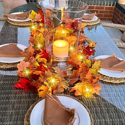 CQURE 6 Pack Fall Leaf Garland with Lights,Fall Decor Halloween Lights Artificial Maple Leaves Autumn Garland Hanging Vines Thanksgiving Decor for Home Christmas Autumn