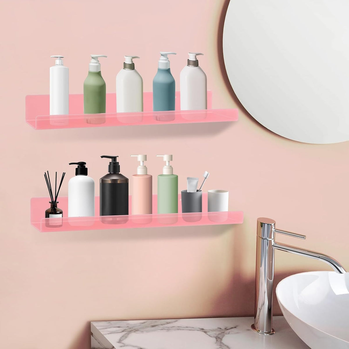 Dezzer 6 Pack Acrylic Shelves for Wall, 15" Acrylic Floating Shelves for Bathroom Bedroom, Invisible Bookshelf Wall